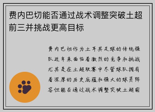 费内巴切能否通过战术调整突破土超前三并挑战更高目标 费内巴切能否通过战术调整突破土超前三并挑战更高目标